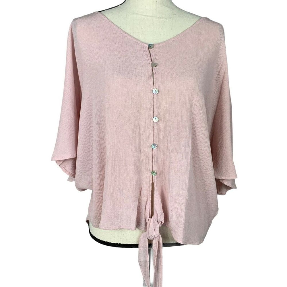 Krazy Kat Oversize Tie Front Button Crop Top Button Front Batwing Sleeve Sz M